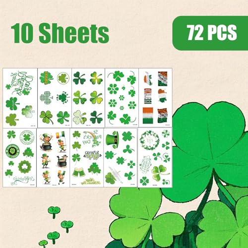 St Patrick's Day Temporary Tattoos - 10 Sheets Shamrock Face Stickers