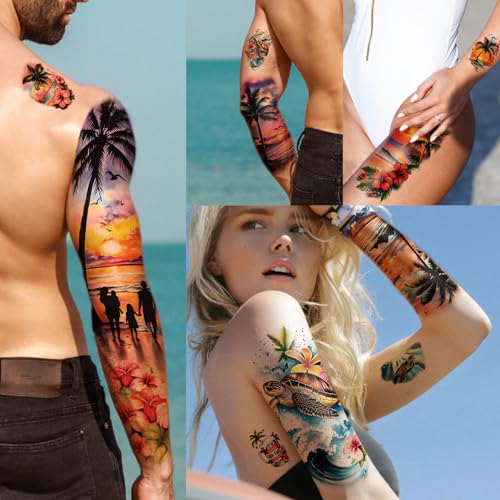 48 Sheets Holiday Ocean Temporary Tattoo for Men Women, 8 Full Arm Flower Skull Sunset Fake Tattoos, 10 Half Arm Beach Turtle Fake Tattoos, 30 Tiny Body Stickers Adult Kid Realistic