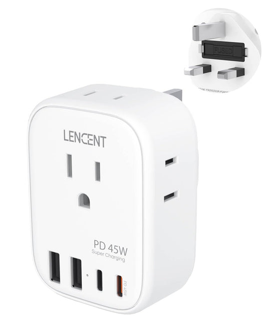 LENCENT US to UK Ireland Travel Plug Adapter, PD 45W Grounded Type G Outlet Adaptor with 4 Outlet, USB C Fast Charger Adaptor, USA to Dubai Scotland British London England Hong Kong Irish Qatar