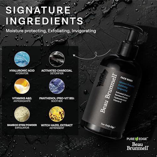Beau Brummell for Men's Activated Charcoal Face Wash | Gentle Exfoliating Cleanser with Hyaluronic Acid, Bamboo Powder, Marine Plankton Extract, Vitamins A & E | 8 fl oz, Made in USA
