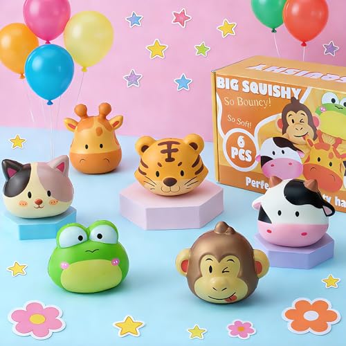 DMIGHT 6PCS Large Animal Squishy Toys – Cute Stress Relief Toys for Kids, Big Animals Variation