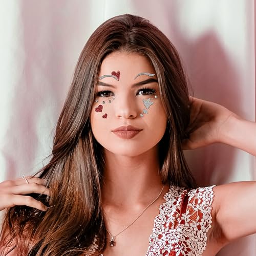 Red Glitter Heart Face Stickers with Rhinestones - 2 Pack