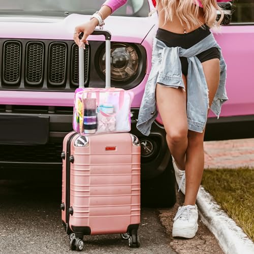 Sweetude 10 Pcs Large Clear Toiletry Bag Large Capacity Travel Iridescent Makeup Bag PVC Clear Plastic Tote Punch Cosmetic Clothes Organizer for Women Men(Pink)