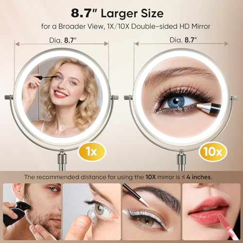 Professional 8.7¡± Lighted Makeup Mirror with 1X/10X Magnification ? Rechargeable Double-Sided HD Vanity Mirror, Height Adjustable, 88 High-CRI LEDs, 3 Color Dimmable Lighting, Dual Power, 360¡Æ Swivel