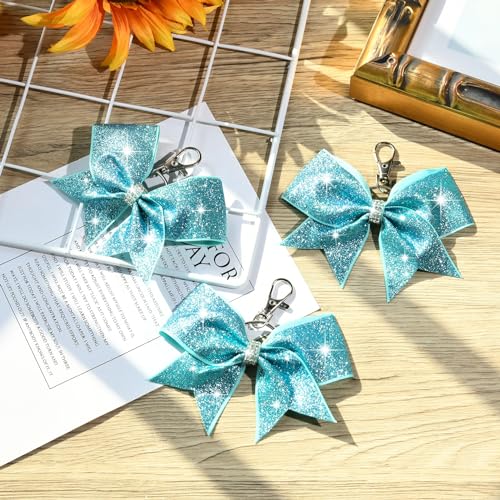 18PCS Cheer Bow Keychain Glitter Bow Keychain Hair Bow for Girls Rhinestones Sequin Bow School Senior Cheer Bow Accessories for Teen Softball football Cheerleader (Glitter Lake Blue)