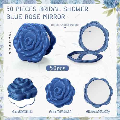 50 Sets Bridal Shower Party Favors for Guests Small Rose Compact Mirror Bulk Wedding Favors Thank You Cards and Organza Bags Wedding Party Guests Souvenir Gift (Blue)