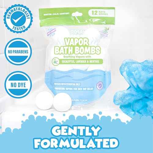 Tub Works¢ç Vapor Bath Bombs for Toddlers & Kids, 12 Pack | Natural Essential Oils for Aromatherapy | Calming Eucalyptus Bath Bomb with Lavender & Menthol for Cold, Flu & Congestion Relief