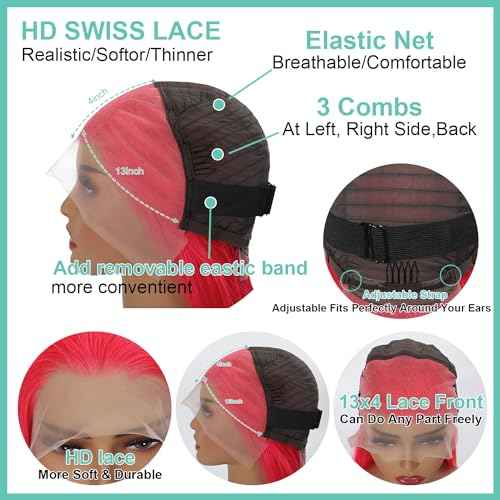 13x4 HD Lace Pink Bob Wigs 100% Human Hair Front Wig Brazilian Unprocessed Virgin Human Hair Wigs Pre Plucked Natural Hairline Transparent Front Lace Bob for Women (8")