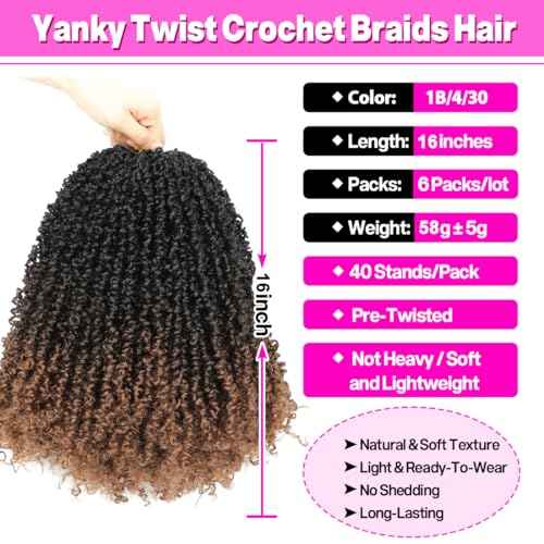 Youngther Yanky twist crochet hair 16inch Pre-Twisted Spring Twist with curly crochet hair for black women Synthetic hair extension£¨16inch 1B/4/30 6PCS£©