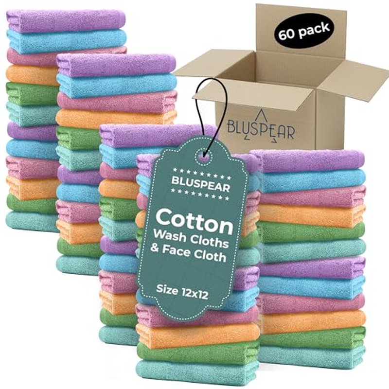 12 x 12 Inches Assorted Color (Light) Wash Cloths Bulk, 60 Pack Face Cloths, Hand Towels for Bathroom, Cotton Washcloths Set, Soft Cleaning Rags for Bath, Body, Spa, Gym, Kitchen, Dish