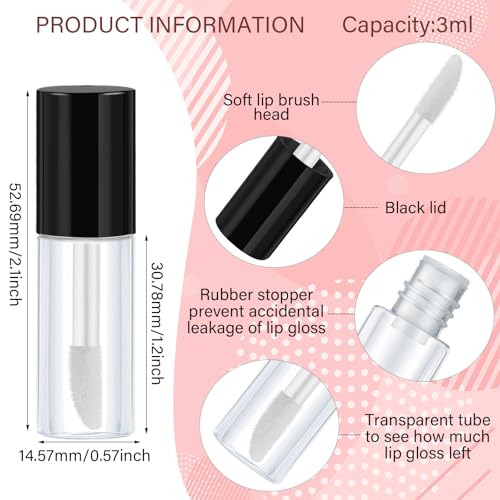Patelai 100 Pieces Clear Mini Lip Gloss Tube Refillable Empty Lip Balm Gloss Containers Bottles Transparent Mini Lipstick Containers for Women DIY Makeup(Black,3ml)