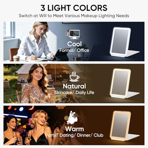 FUNTOUCH Rechargeable Travel Makeup Mirror with 3-Color LED Light