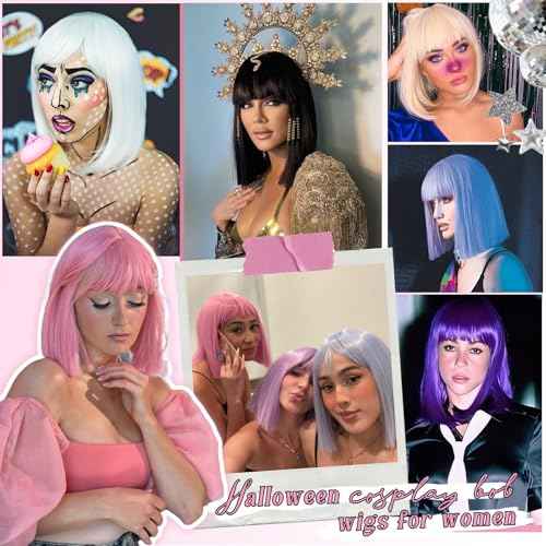 Pink Bob Wig with Bangs Short Straight Bob Wigs for Women - 12 Inch Heat Resistant Synthetic Hair for Halloween Costume Cosplay Party