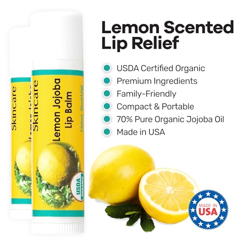 | USDA Organic Lemon Lip Balm ? 70% Jojoba Oil with Beeswax ? Steam Distilled Lemon Essential Oil ? Natural Softens for Dry, Chapped Lips ? 2-Pack (0.15 oz / 4.6 g Each)