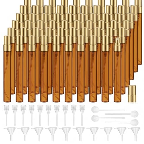Domensi 60 Pcs 10ml Amber Glass Refillable Bottles for Essential Oils Aromatherapy Skincare, Refillable Fine Mist Atomizer Spray Bottle for Facial Mist, Serum, Travel DIY Perfume Use
