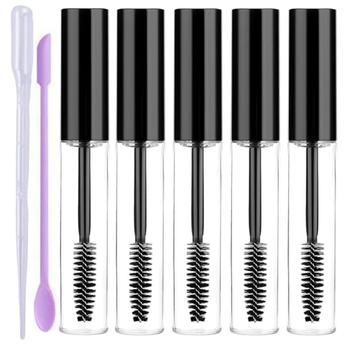 Empty Mascara Tubes, 10ml, 3/5 Pack with Wands, Refillable, Clear, Solid Form, Mini Silicone Spatulas and Pipettes for DIY Cosmetics (5)