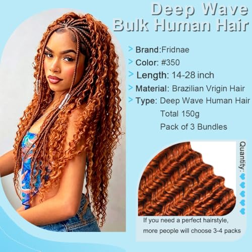 Fridnae 22 Inch Ginger Deep Curly Human Hair for Braiding | #350 Bulk Boho Braid Extensions
