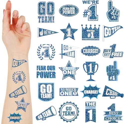 Landhoow 240 Pcs Blue Team Spirit Tattoos Temporary Glitter Go Team Tattoos Football Temporary Stickers Party Costume Accessory for School Spirit Supplies