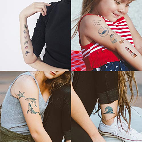 9 Sheets Temporary Tattoo Blue Purple Sea Turtle Goldfish Dolphin Whale Shell Octopus Starfish Suit for Arm Neck