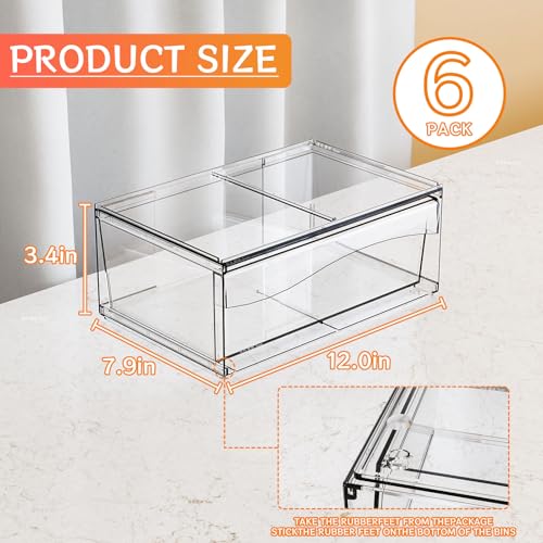 6 Pack Clear Stackable Storage Drawers,12"W Large Bathroom Makeup Organizer and Pen,Sunglass,Medicine,Baby Bottle Organizer,Plastic Pull Out Storage Bins for Desk,Under Cabinets,Vanity Countertop