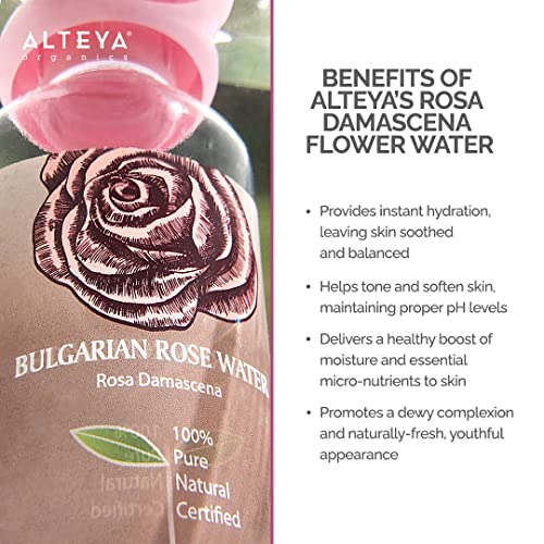 Alteya Organics Rose Water Natural Facial Toner, 8.5 Fl Oz/250mL Pure Bulgarian Rosa Damascena Flower Water, Award-Winning Moisturizer BPA-Free Bottle with Reducer