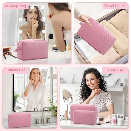 2 Pieces Large Checkered Makeup Bag Cosmetic Bag for Women Travel Toiletry Make Up Brush Bag Pack Organizer Travel Accessories for Women (Pink)
