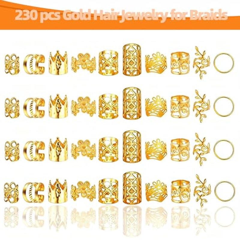 230 Pcs Gold Hair Cuffs & Rings for Braids and Dreadlocks