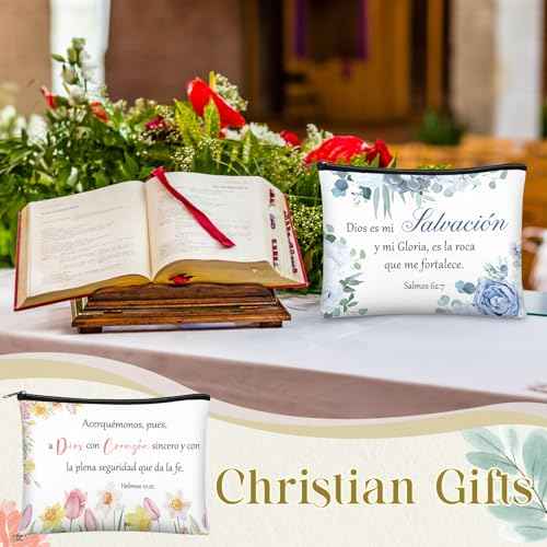 Kacctyen 12 Pcs Christian Mother's Day Gifts Makeup Bag Spanish Verses Inspirational Gift for Women Bible Verse Cosmetic Bag in Spanish Zipper Pouch for Mom Church Religious Prayer(Flower Style)