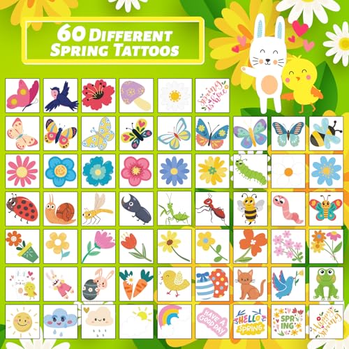 winthrop 240 Pcs Bulk Spring Temporary Tattoos for Kids, Individually Wrapped Waterproof Easter Tattoos, Best Choice for Easter Classroom Matching Game, 60 Different Designs Flower Butterfly