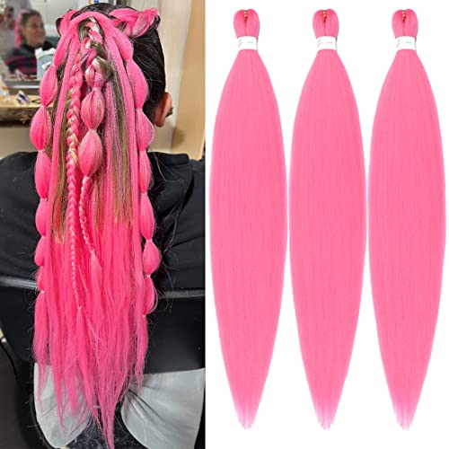 Pink Braiding Hair Pre Stretched 30 Inch Colored Hair Extensions For Braiding Light Pink Rave Braiding Hair Extensions 3 Packs Soft Yaki Braiding Hair Hot Water Setting (30 Inch (Pack of 3), Pink#)