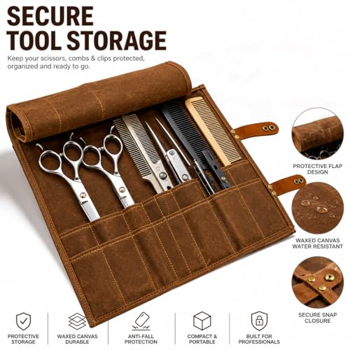 16-Slot Barber Scissors Bag Roll-Up | Waxed Canvas & Leather