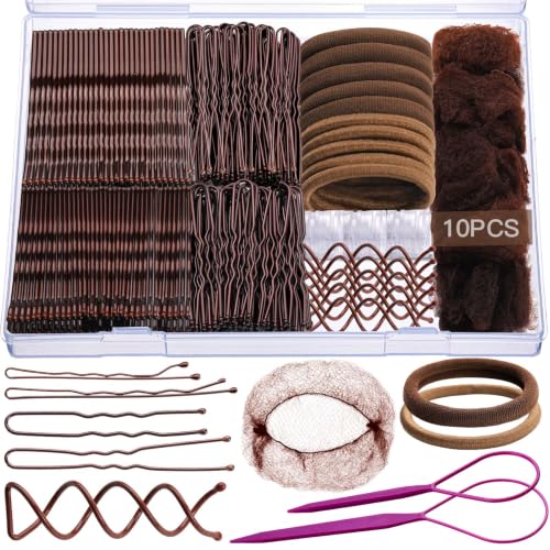 Brown Bobby Pins Hair Kit 11 Styles with Hair Nets & Spiral Pins