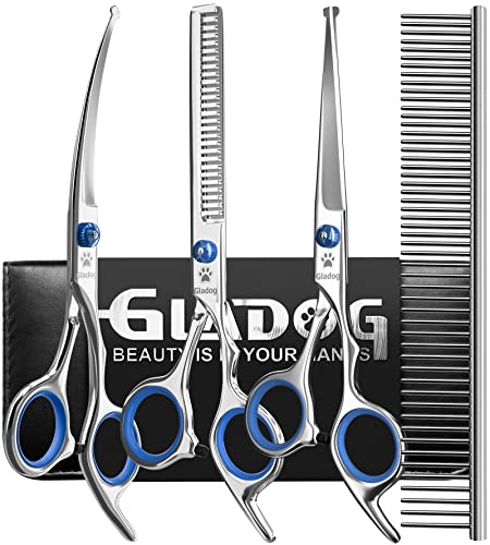 GLADOG Professional 5 in 1 Dog Grooming Scissors Set with Safety Round Tips, Sharp and Heavy-duty Pet Grooming Shears for Cats