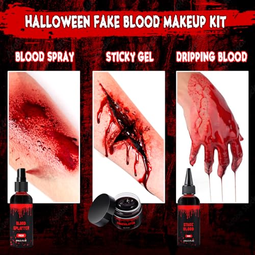 Halloween Fake Blood Makeup Kit - 3PC Set with Spray, Dripping & Gel