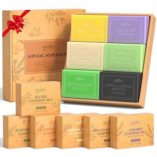 Natural Bar Soap Set for Men Women 6pcs Organic Soap with Plant Extracts for Body Face Hand Christmas Birthday Thanksgiving Mother's Day Gifts Tea Tree Almond Lemon Lavender Bamboo Charcoal Mint
