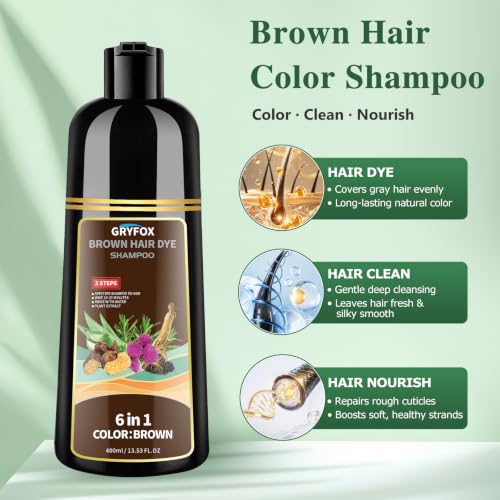 GRYFOX Brown Hair Dye Shampoo - Gray Coverage in 15 Minutes