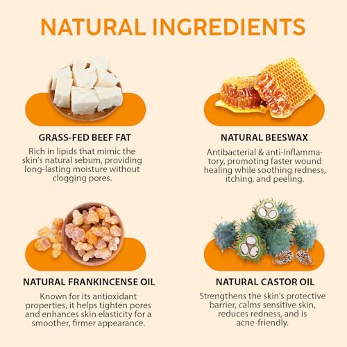 Tiuedu Tallow, Castor Oil and Frankincense Oil Skin Balm, 100% Grass-Fed Tallow for Face & Body Moisturizer, Deep Moisturizing Cream, Moisturizer for Dry, Cracked Skin, All Skin Types