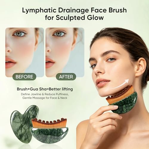 WHAL&YUNE Jade Gua Sha & Facial Contour Brush Set for Lymphatic Drainage