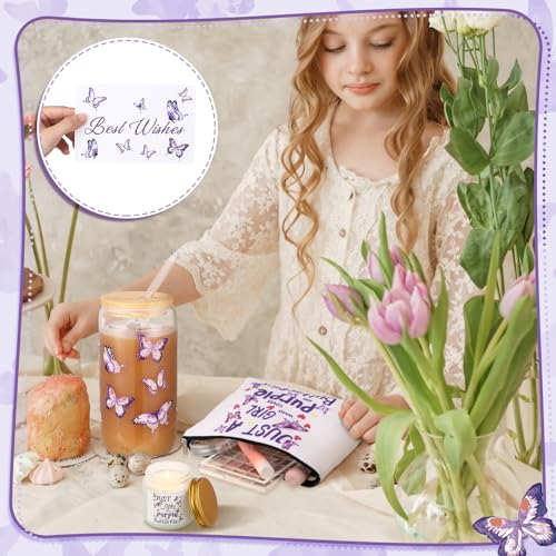 Purple Butterfly Gifts Set of 6 Butterfly Makeup Bag Scented Candle Glass Cup with Lids and Straws Sock Greeting Card Pen for Women Lady Wife Girlfriend Mothers Day Birthday