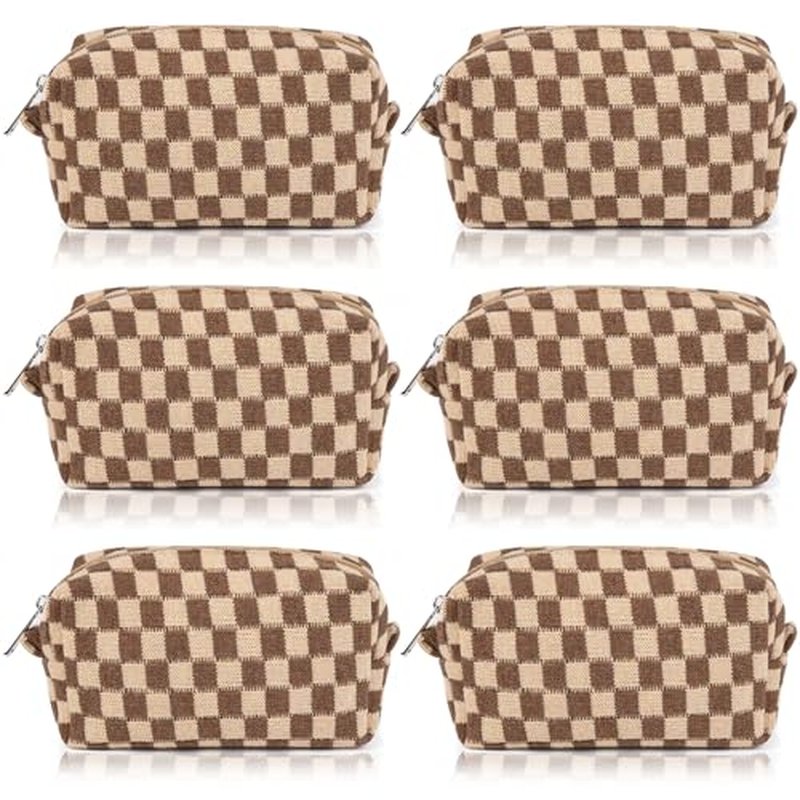 Brown Checkered Makeup Bag 7x4 - Set of 6 Cosmetic Organizers