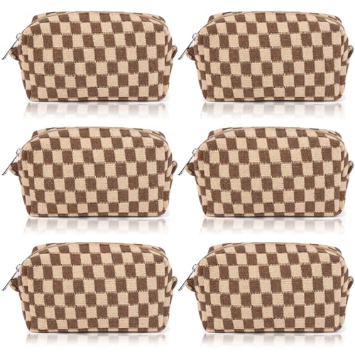 Brown Checkered Makeup Bag 7x4 - Set of 6 Cosmetic Organizers