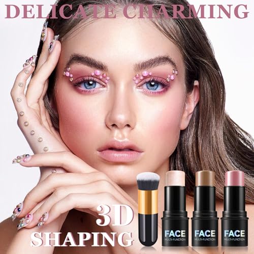 3Pcs Cream Contour Stick Kit with Brush - Blush, Highlight & Bronzer