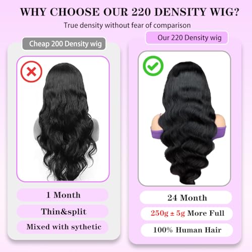 26 Inch Body Wave Human Hair Wig - 13x6 HD Lace Front, 220 Density