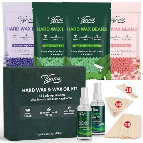 Hard Wax Beads Kit for Hair Removal, 36 Pieces Wax Beads for Full Body, Face, and Brazilian Bikini, Aloe, Lavender, Cherry Blossom - Includes Pre and Post Wax Oils