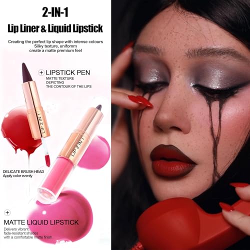 Red Lip Liner & Liquid Lipstick Set - Waterproof Matte