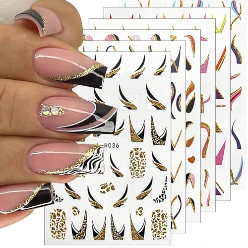 6 Sheets French Tip Nail Art Stickers 3D Self-Adhesive Gold Glitter Nail Decals Stripes Waves Lines Nail Design Stickers Acrylic Nail Art Supplies DIY for Women and Girls Manicure Tips