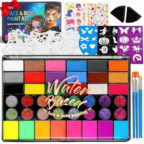Halloween Party Face Painting Kit for Kids - 42 Colors Professional Face Paint Kit,Non-Toxic face Paint With Stencils, Brush, Gems. For Carnival, Halloween, Costume Makeup and Any Creative Activity
