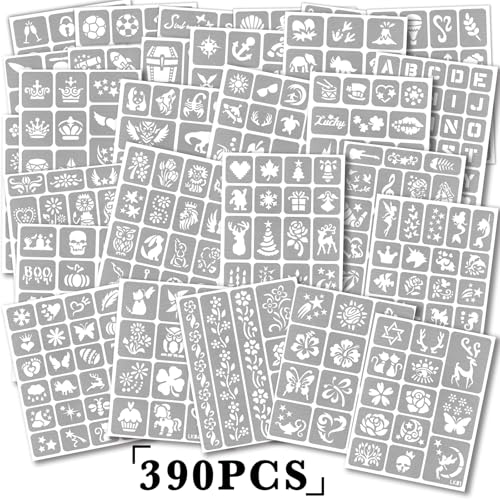 390 PCS Temporary Tattoo Stencils Kit for Kids, 28 Sheets