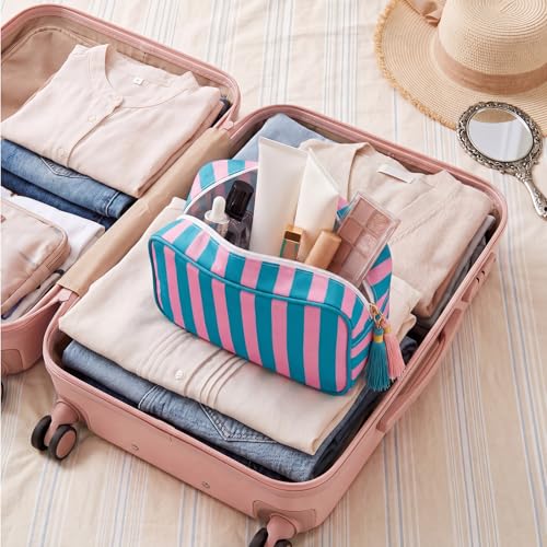 Kacctyen 6 Pack Striped Makeup Bag Tassel,Blue and Pink