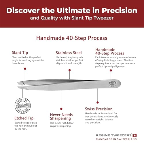 Professional Tweezers Slant Tip - Etched Tip Brow and Eyebrow Tool for Men and Women - Precision Tweezers for Fine Hair, Chin, Lash Extensions - Stainless Steel Handmade Beauty Tool